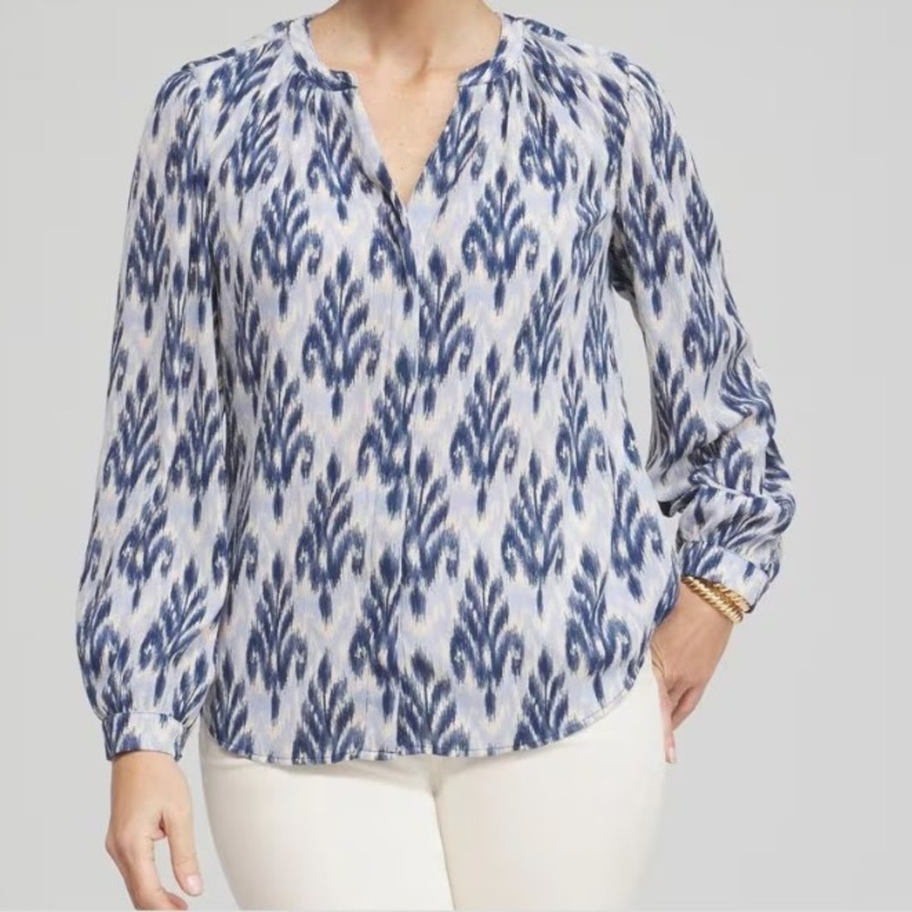 Chico's Women's Chiffon Ikat Print V-Neck Long‎ Sleeve Blouse 12 (2) Blue
